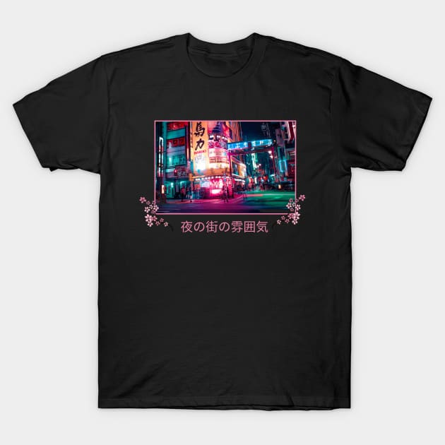 Japanese Night Life Pink Aesthetic Design T-Shirt by Ampzy